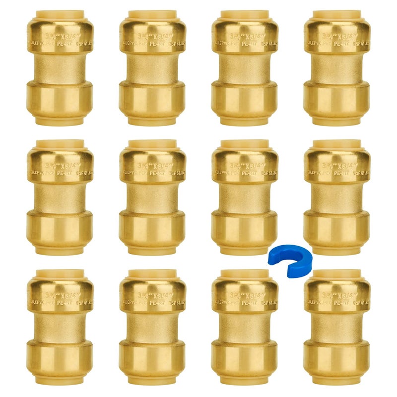 SUNGATOR 3/4 Inch Coupling, Push Pex Fittings 3/4 Inch, No Lead Brass Push-to-Connect Plumbing Fittings for Pex Pipe, Copper, CPVC, with 1 Disconnect Clip, Pack of 12 - Image 1